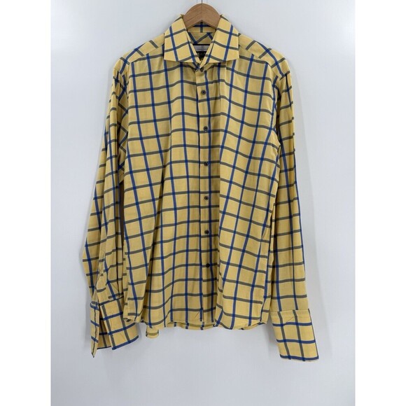 Connaisseur Paris Men's  XLarge 43/44 Yellow Blue Check Button Up Dress Shirt - Picture 7 of 10